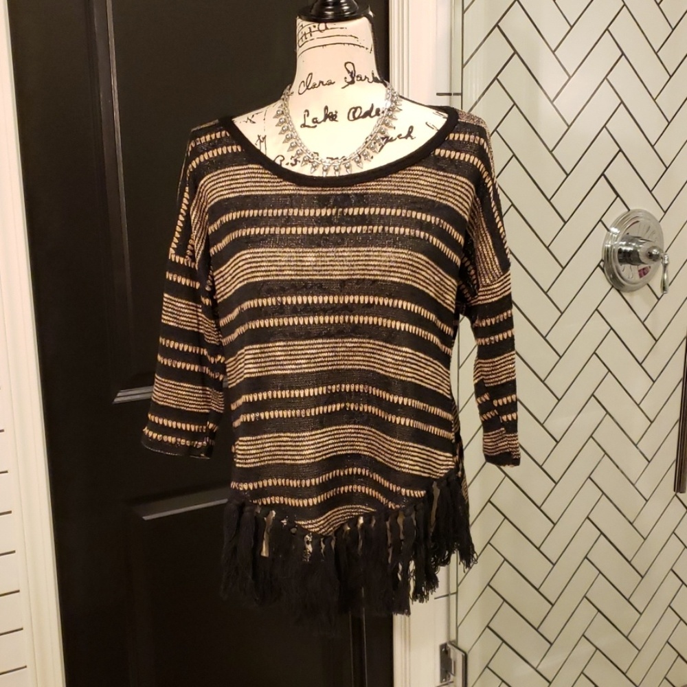 Tua Black/Tan Fringe Striped Top
